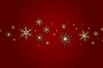 Naklejka na ściany i meble Red background with abstract golden snowflakes
