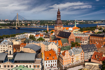 Obraz premium Aerial view of Riga center from St. Peter's Church, Riga, Latvia