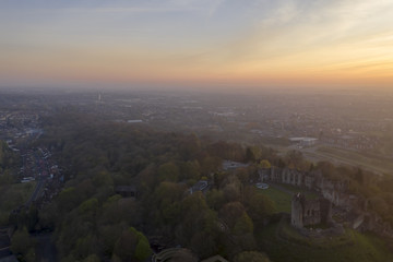 Sunrise aerial view over Dudley West Midlands town and castle