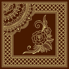 Stylized with henna tattoos decorative pattern for decorating covers book, notebook, casket, postcard and folder. Mandala, flower and border in mehndi style. Frame in the eastern tradition.