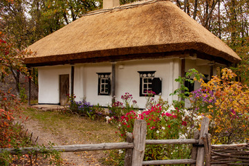Fototapeta na wymiar Old rural wooden house with thatched roof. Fall season. Close-up.