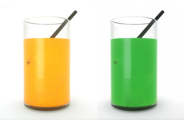 Set Orange Apple juice in a glass and straw close-up on a white background . Isolated