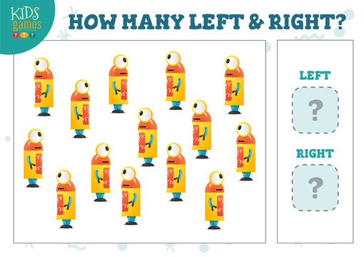 How many left and right cartoon robots kids counting mini game vector illustration