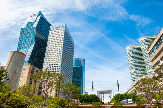 La Defense business district with modern skyscrapers in Paris, France. July, 18, 2019
