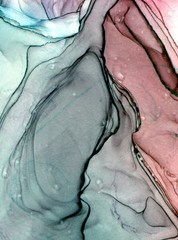 Abstract background in alcohol ink technique. Steel blue, cyan and light maroon marble texture. Wash drawing effect wallpaper. Modern illustration for card design, banners, ethereal graphic design. - 294567237