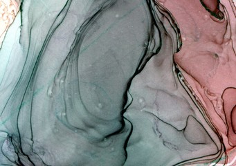 Abstract background in alcohol ink technique. Teal and light maroon marble texture. Wash drawing effect wallpaper. Modern illustration for card design, banners, ethereal graphic design.