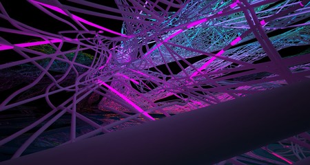 Abstract architectural smooth white  interior of a minimalist wires with color gradient neon lighting and black water. 3D illustration and rendering.
