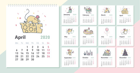 Vector 2020 new year creative monthly calendar for kids with cute funny mice animals characters hand drawn illustrations design template. Pastel colours cards. Desktop, print.