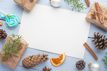 Christmas or New Year composition with gifts, top view with blank card, mock up