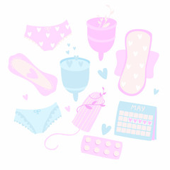 Vector illustration, set. Menstruation. Period. Feminine hygiene products. Menstrual cup. Panties, pads, cups. Menstrual protection, feminine hygiene.