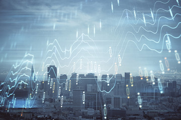 Forex graph on city view with skyscrapers background multi exposure. Financial analysis concept.
