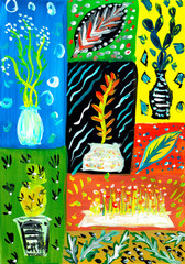 Mosaic poster painted with plants and vases of green and yellow colors