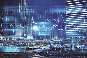 Financial chart on city scape with tall buildings background multi exposure. Analysis concept.