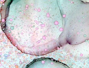 Abstract illustration in alcohol ink technique. Multi-color bubbles on light green and pink marble texture. Wash drawing effect wallpaper. Modern illustration for card design, ethereal graphic design. - 294570076