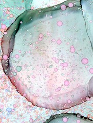 Abstract illustration in alcohol ink technique. Multi-color bubbles on light green and pink marble texture. Wash drawing effect wallpaper. Modern illustration for card design, ethereal graphic design. - 294570240