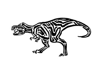 Fototapeta na wymiar Ancient extinct jurassic t-rex dinosaur vector illustration ink painted, hand drawn grunge prehistoric tyrannosaur rex reptile, black isolated silhouette on white background