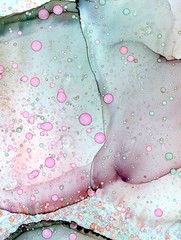 Abstract illustration in alcohol ink technique. Multi-color drops on light green and pink marble texture. Wash drawing effect wallpaper. Modern illustration for card design, ethereal graphic design. - 294570262