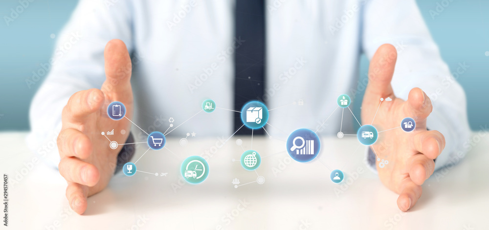 Poster businessman holding a logistic organisation with icon and connection 3d rendering