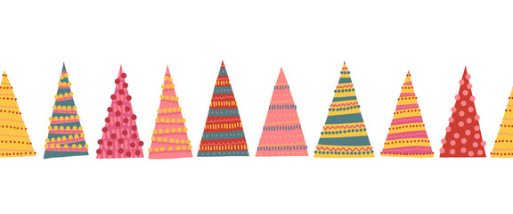 Materiał do szycia Abstract colorful Christmas trees seamless vector border. Decorative hand drawn repeating Winter holiday pattern for decoration, greeting cards, digital scrapbooking, kids decor, banner, ribbon, trims