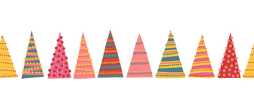 Abstract colorful Christmas trees seamless vector border. Decorative hand drawn repeating Winter holiday pattern for decoration, greeting cards, digital scrapbooking, kids decor, banner, ribbon, trims