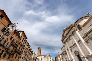 Downtown of the Bassano del Grappa, Piazza Liberta (Freedom square) with the church of San Giovanni Battista (St. John the Baptist), Veneto, Vicenza province, Italy, Europe