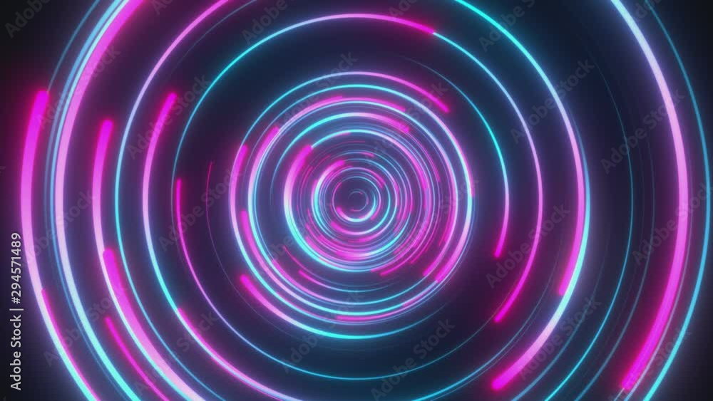 Poster looped animation. abstract background with moving through bright circles in red and blue color. mode