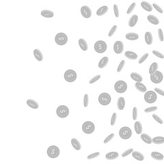 American dollar coins falling. Scattered black and