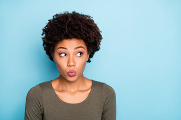 Photo of attractive sweet cute nice girl pouting her lips pondering over some creative idea seeming...