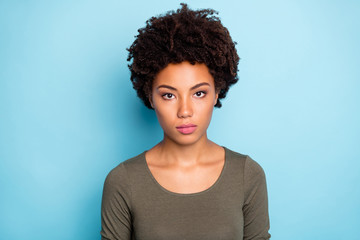Close up photo of minded serious afro american girl listen to her job work partners wear casual...