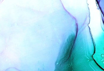 Abstract illustration in alcohol ink technique. Turquoise, aquamarine and violet marble texture. Wash drawing effect wallpaper. Modern illustration for card design and ethereal graphic design.