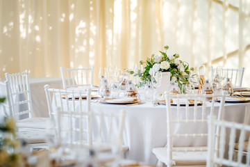 Luxury wedding table decoration. Special event table set up. Fresh flower decoration.