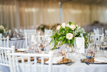 Luxury wedding table decoration. Special event table set up. Fresh flower decoration.