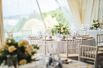 Luxury wedding table decoration. Special event table set up. Fresh flower decoration.