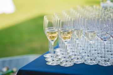 champagne glasses ready for a catering service
