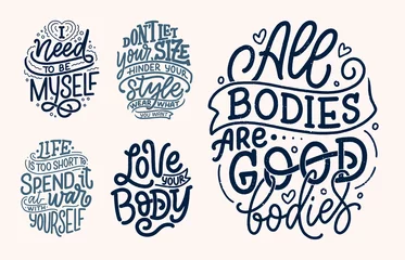 Wall murals Positive Typography Set with body positive lettering slogans for fashion lifestyle design. Motivation typography posters and prints. Vector illustration.