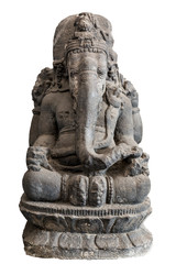 Obraz premium Ancient stone statue of the elephant god Ganesha (aka Ganapati, Vinayaka) in Indonesia, isolated on a white background