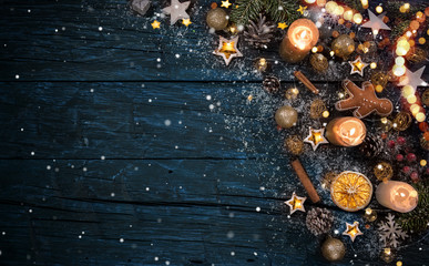 Christmas decoration on wooden background, lots of copy space for product or text.