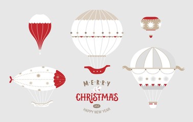 Poster or postcard Merry Christmas template design, Happy New year and Christmas sign, emblem with air balloons illustration set