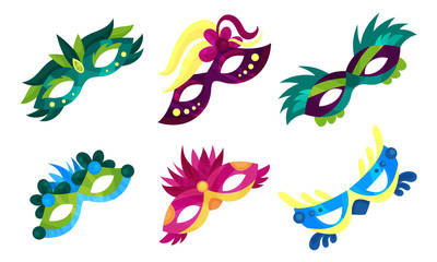 Six Bright Colorful Carnival Masks Vector Illustrations Set