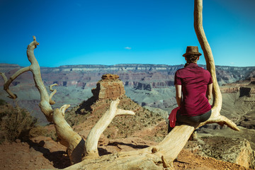 Girl sitting on a branch and enjoying the view after a hike on kaibab trail in grand canyon national park arizona