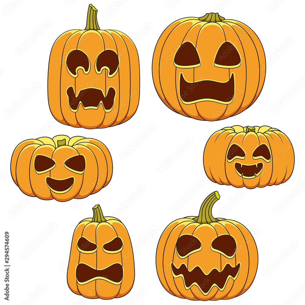 Poster set of color illustrations of pumpkins with faces for halloween. isolated vector objects on a white 