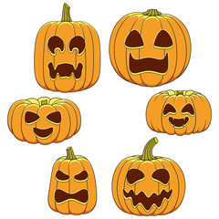 Set of color illustrations of pumpkins with faces for Halloween. Isolated vector objects on a white background.