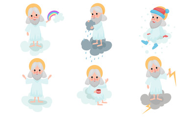 Set Of Cartoon Gods Making Dayly Routins On White Clouds Vector Illustrations