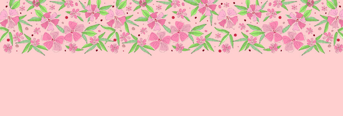 Floral pattern, place for your text. Beautiful flowers on a pink background. Wedding style, birthday. Greeting card, invitation, flyer. Hand drawn style  illustration.