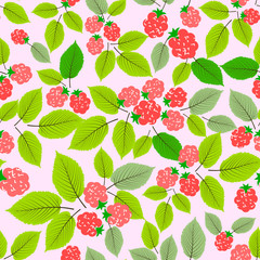 Branches of forest raspberries. Simple style. Seamless pattern. Hand drawn  illustration.