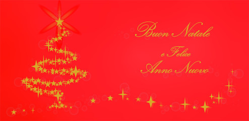 Fototapeta na wymiar Weihnachtskarte Frohe Weihnachten und ein gutes neues Jahr auf italienisch mit strahlendem Baum auf rotem Hintergrund