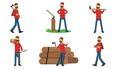 Fototapeta na wymiar Vector Illustration Set With Lumberman In Different Action Poses