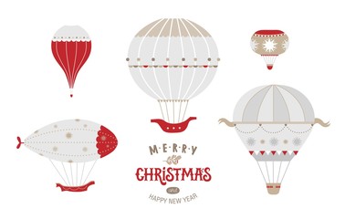 Fototapeta premium Poster or postcard Merry Christmas template design, Happy New year and Christmas sign, emblem with air balloons illustration set