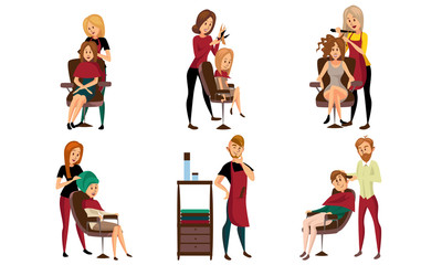 Set of fashionable men and women at the hairdresser. Vector illustration.