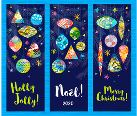 Holly Jolly, Merry Christmas, Noel lettering collection. Christmas tree branch colorful decoration, snowflakes stars banners design pattern, packaging, cover, greeting cards set.